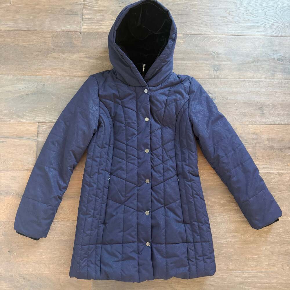 Croft & Barrow Women’s Navy Paisley Black Velvet Hooded Puffer Coat  ~ Sz Small